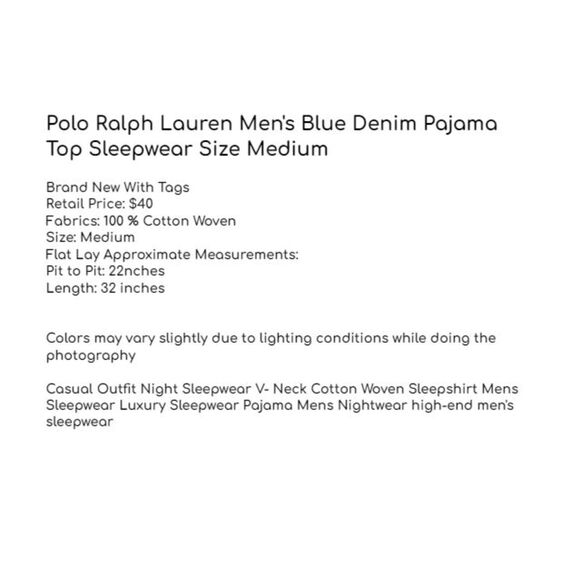 Polo Ralph Lauren Men's Blue Denim Pajama Top Sleepwear Size Medium - Picture 6 of 6